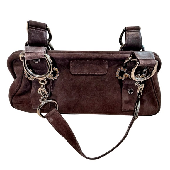 Stuart Weitzman Brown Suede Shoulder Bag I Crystal Buckle Hardware - Picture 2 of 13